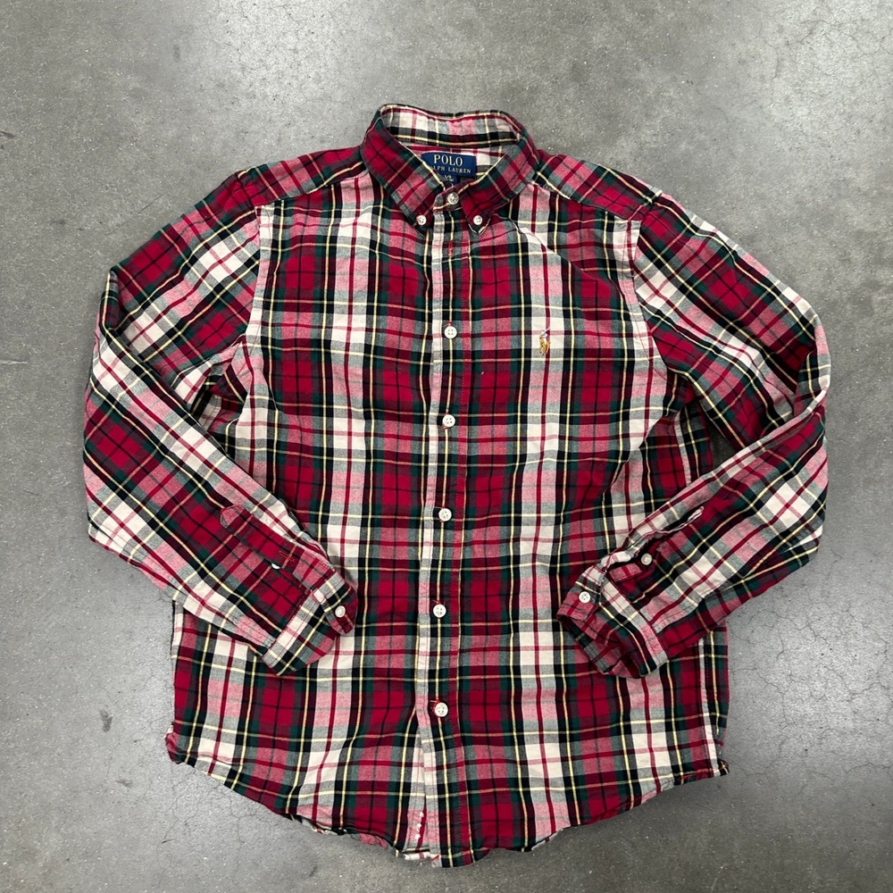 Polo Ralph Lauren Boys Red Green Plaid Button Down Shirt Size L 14-16